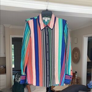 Diane Von Furstenberg Blue and Green Blouse with Striking Stripes
